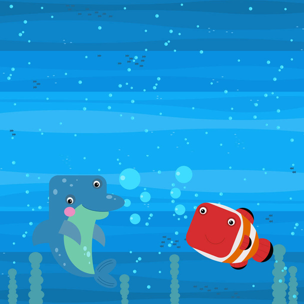 cheerful cartoon underwater scene with swimming coral reef fishes illustration for children - Fotografie, Obrázek