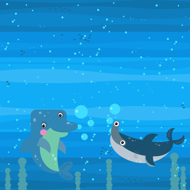 fröhliche Zeichentrick-Unterwasserszene mit schwimmenden Korallenriffen Fische Illustration für Kinder - Foto, Bild
