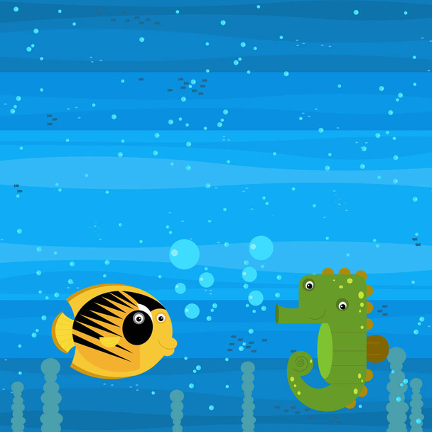 cheerful cartoon underwater scene with swimming coral reef fishes illustration for children - Foto, Bild