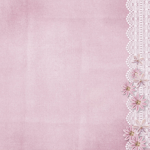 Vintage pink background with lace and handmade silk flowers - Valokuva, kuva