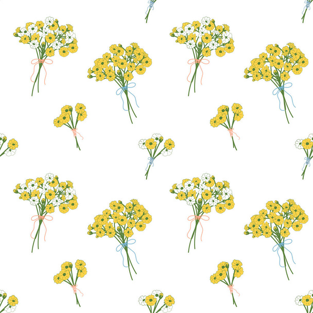 Vintage bouquets of white and yellow flowers, baby's breath, Gypsophila flowers seamless pattern background. with rope bow. Doodle summer or celebration flowers background.Great for wallpaper, wedding - Vektör, Görsel
