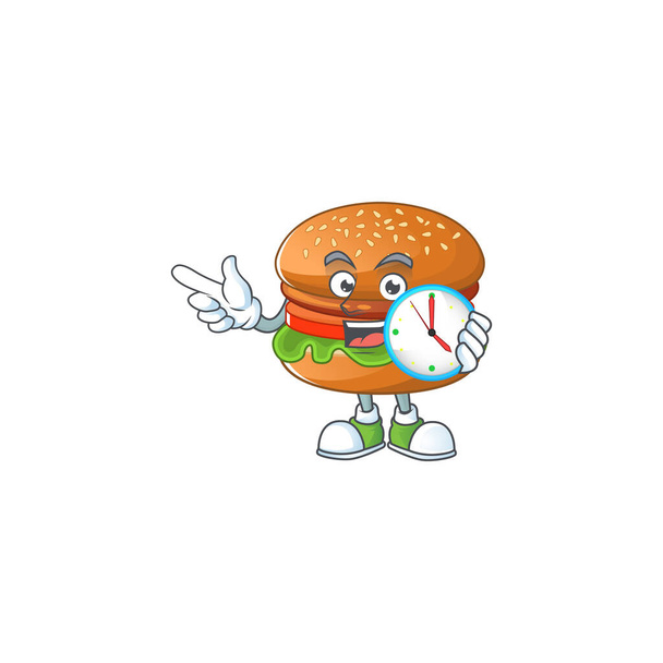 cartoon character style of cheerful hamburger with clock - ベクター画像