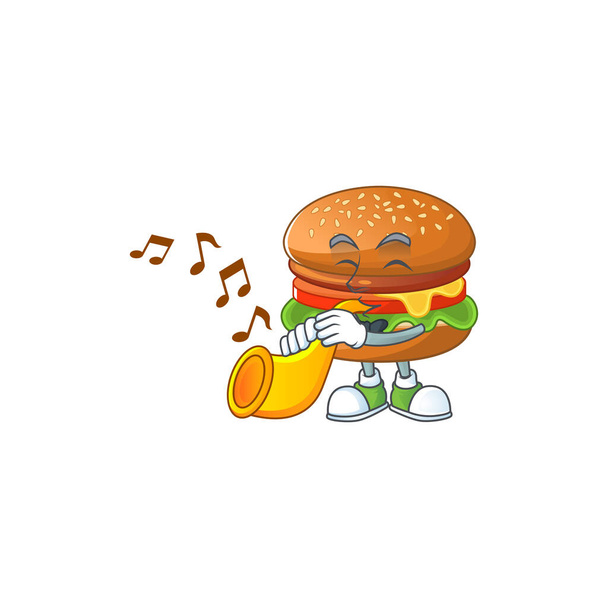 Hamburger cartoon character playing music with a trumpet - Vektör, Görsel