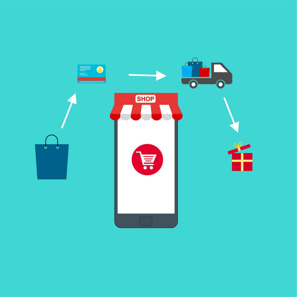 Online Shopping proces infographic toont de keuze van de goederen van de website toe te voegen aan de winkelwagen betaling verpakking levering - Vector, afbeelding