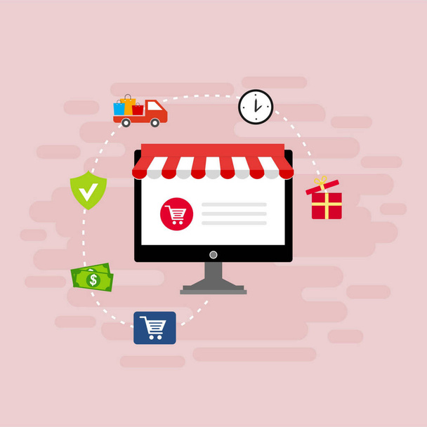 Online-Shopping-Konzept mit offenem Laptop - Vektor, Bild