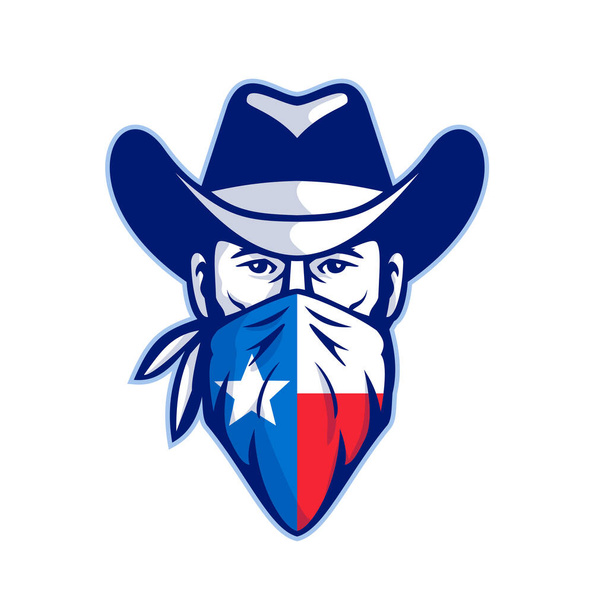 Mascot icon illustration of head of Texan bandit, outlaw or highwayman wearing cowboy hat and bandana, kerchief or bandanna with Texas Lone Star flag front view on isolated background in retro style. - Vector, Image