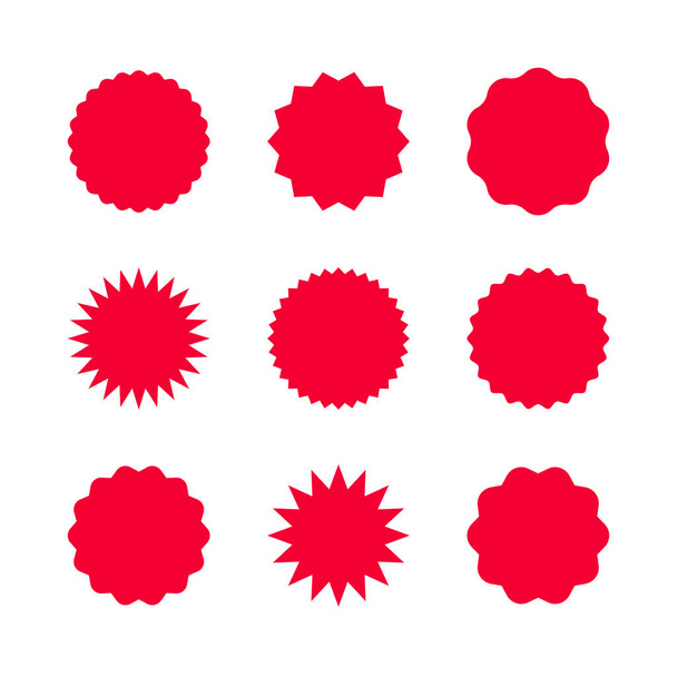 Rote Verkaufsaufkleber isoliert auf weißem Hintergrund. Promo Produktetiketten-Vorlagen, Starburst, Sunburst Badges. Vektor-Designelemente für Preisschild, Qualitätszeichen, Ladenplakat, Webdesign, Dekor - Vektor, Bild