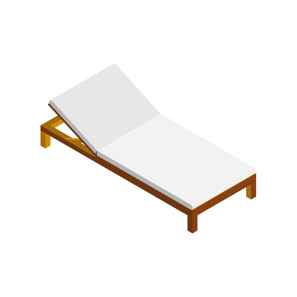 Вид на пляж у вітальні ізометричний. Біла дерев'яна піктограма сонячного ліжка ізольована на білому тлі. Приморський басейн крісло для відпочинку. Літні канікули Векторні ілюстрації
 - Вектор, зображення