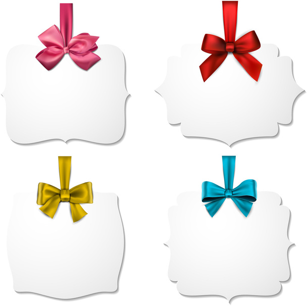 White paper gift cards with color satin bows. - Вектор, зображення