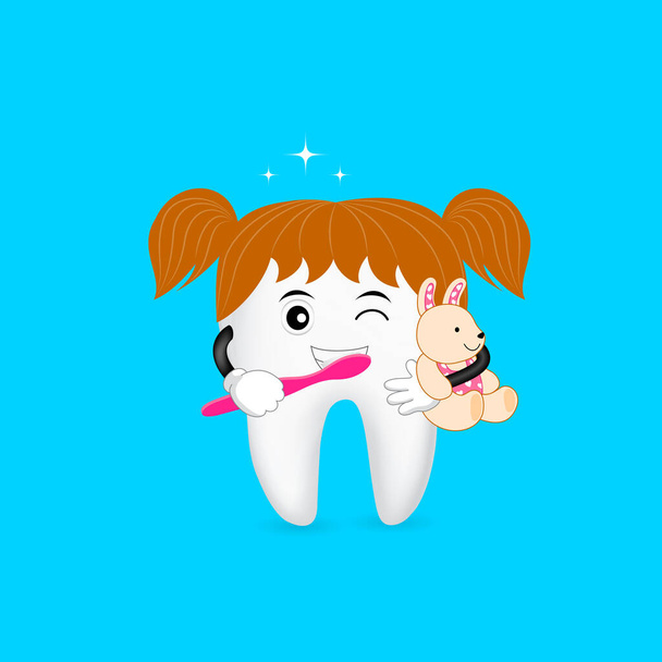 Χαριτωμένο χαρακτήρα των δοντιών κινουμένων σχεδίων βούρτσισμα με χαμογελαστό πρόσωπο. Οδοντιατρική φροντίδα. Εικόνα απομονωμένη σε μπλε φόντο. - Διάνυσμα, εικόνα