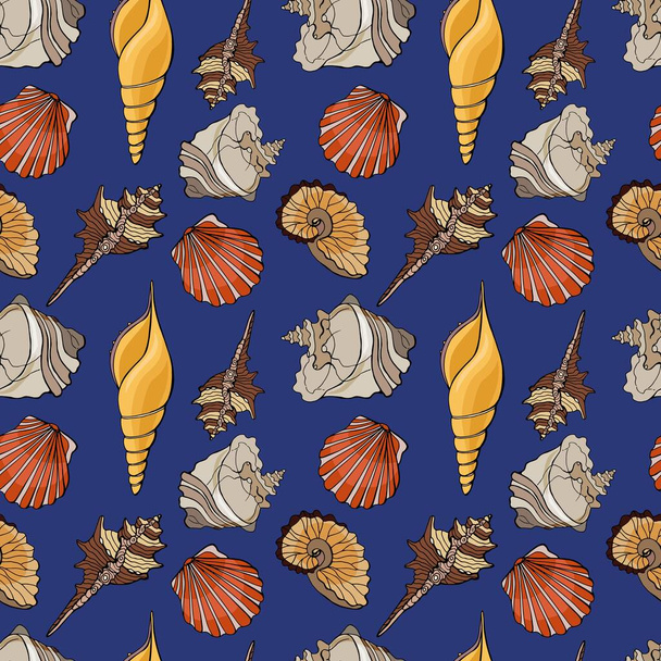 Sea shells seamless pattern. Stock illustration. Cartoon style illustration. Design for wallpaper, fabric, textile, postcards, packaging, website. - Vector, Image