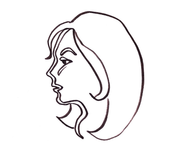 lineáris grafikus fekete-fehér rajz női arc profilban fehér háttér - Fotó, kép