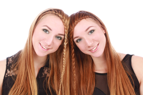 Две привлекательные девушки близнецы изолированы на белом
 - Фото, изображение