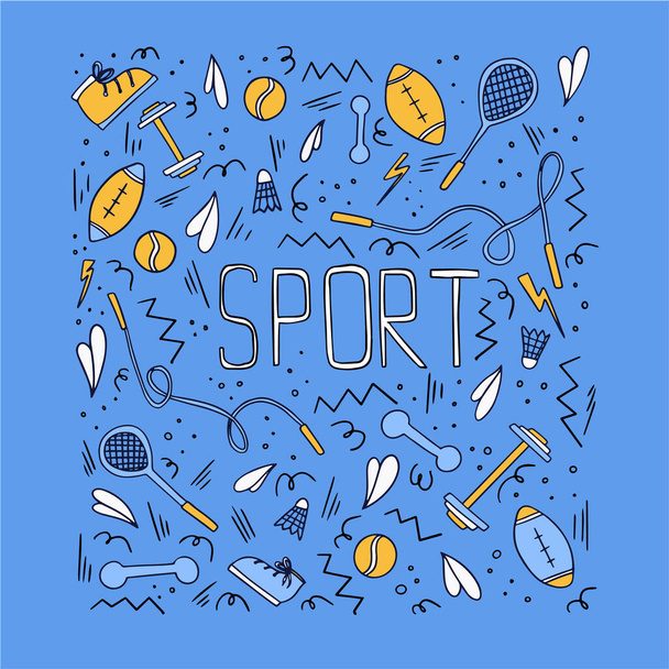 Sportovní ilustrace s různými sportovními symboly. Vektorová aktivní ilustrace životního stylu ve stylu doodle s typografií. - Vektor, obrázek