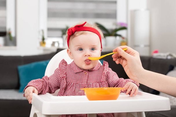 Mother Feeding Her Baby Daughter With Spoon - Mother Giving Healthy Food To Her Adorable Child At Home - Foto, Bild