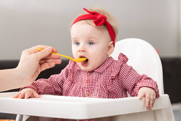Mother Feeding Her Baby Daughter With Spoon - Mother Giving Healthy Food To Her Adorable Child At Home - Foto, Imagen