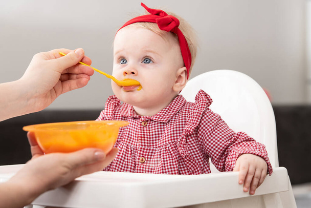 Mother Feeding Her Baby Daughter With Spoon - Mother Giving Healthy Food To Her Adorable Child At Home - Foto, Bild