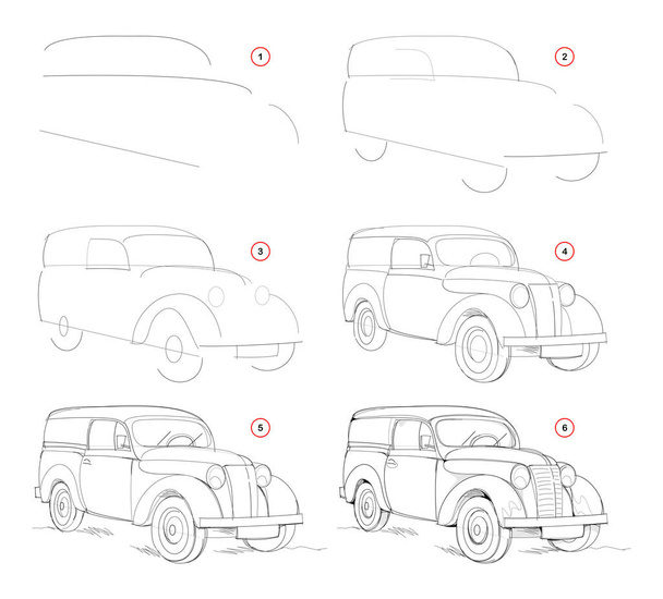 How to draw step by step sketch of imaginary cute antique car. Creation pencil drawing. Educational page for artists. Textbook for developing artistic skills. Hand-drawn vector by graphic tablet. - Vektor, Bild
