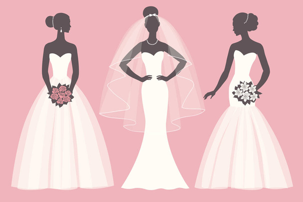 Silhouettes of the brides in different dresses, vector illustration for greeting card, invitation, banner, flyer. - Διάνυσμα, εικόνα