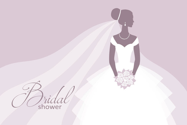 Bride in a wedding dress, holding a bouquet, vector illustration for design: invitation, greeting card, template for the bridal shower. - Vektör, Görsel