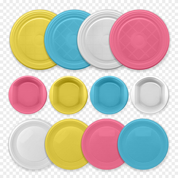 Набір реалістичних жовтих, синіх, рожевих і білих пластикових страв
 - Вектор, зображення