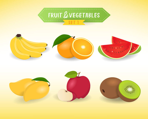 Fruit & Vegetable sets, minimal style. Fresh fruits with banana, orange, watermelon, mango, apple, and kiwi. - Vektör, Görsel