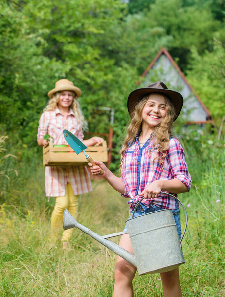 Loving nature. Gardener occupation. Taking care of plants. Sisters helping at backyard. Girls with gardening tools. Child friendly garden tools ensure safety of child gardener. Cute gardener concept - Fotoğraf, Görsel