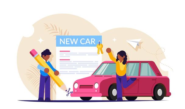 Buying a new car concept. Process of signing documents and handing over the car. People at the car dealership. Modern flat vector illustration. - Vector, Image
