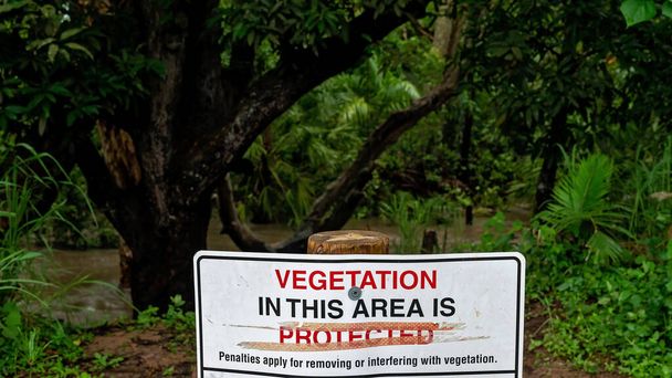 Vegetation in this area is protected signage to prevent vandalism and destruction of a tree on the creek bank - Photo, Image