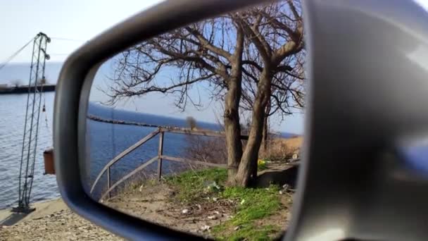 Trash on the road is reflected in the side mirror of the car. An electric motor lowers the mirror and a pile of debris on the side of the road becomes visible. The concept of garbage pollution of the planet.  - Footage, Video