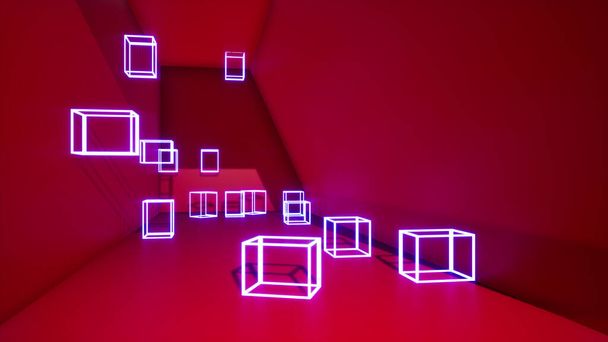 abstract red background with pink neon cubes, 3d rendering - Foto, immagini