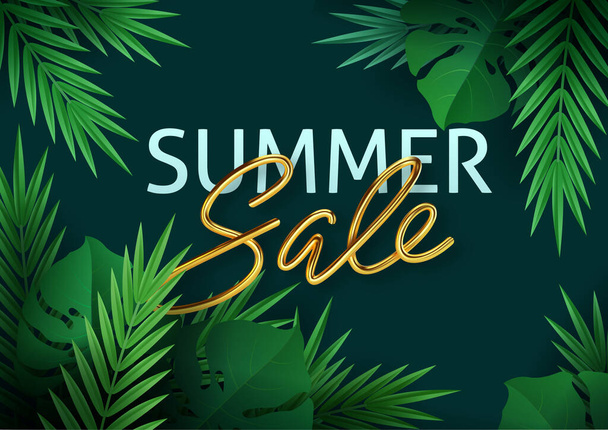 Hello summer, summertime, sale. Text poster against the background of tropical plants. Palm leaves, jungle leaf and gold lettering. The poster for sale and an advertizing sign. Vector illustration - ベクター画像