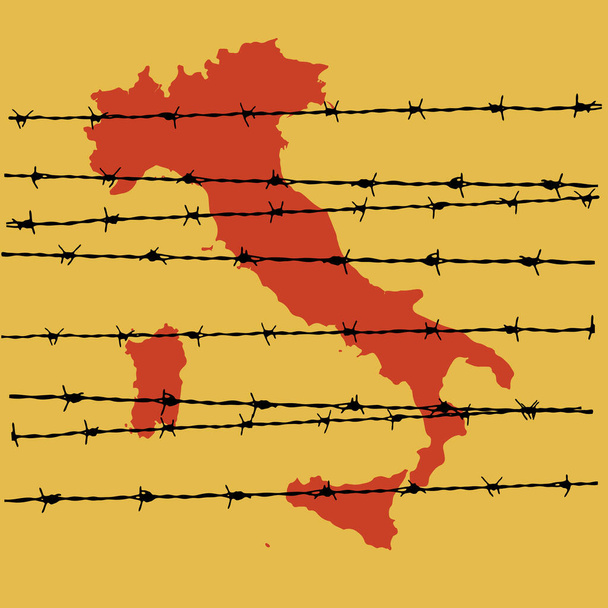 Isolation Italiens aufgrund der Coronavirus-Epidemie. Stacheldraht auf der Landkarte Italiens. Vektorillustration - Vektor, Bild