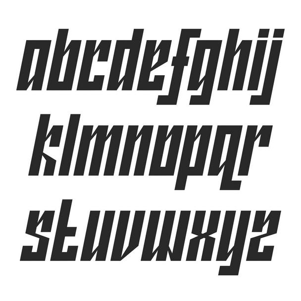 Moderne Kleinbuchstaben kursive Schrift mit bewegungstypischen Gestaltungselementen, schmales dynamisches Alphabet mit Neigungswinkel, schwarze fett gesetzte Buchstaben. - Vektor, Bild