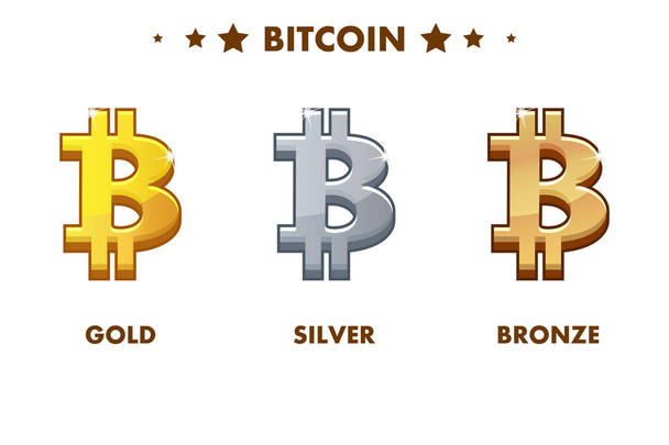 Icono de Bitcoin de oro, plata y bronce aislado. Monedas digitales o virtuales y efectivo electrónico. Símbolo simple criptomoneda
,  - Foto, Imagen