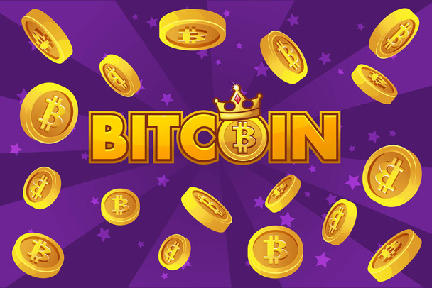 Λογότυπο Bitcoin και χρυσά νομίσματα σε μοβ φόντο, κρυπτονόμισμα έκρηξη - Φωτογραφία, εικόνα