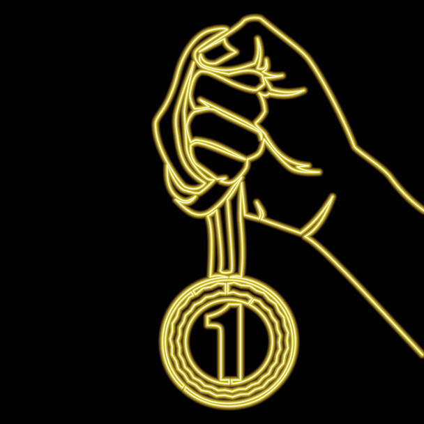 Desenho contínuo de uma única linha Mão Segurando Medalha de Ouro Número Um ícone neon brilho conceito de ilustração vetorial - Vetor, Imagem