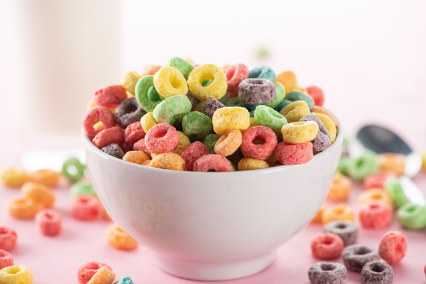 selective focus of bright multicolored breakfast cereal in bowl - Фото, изображение