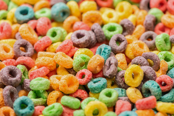 close up view of bright multicolored breakfast cereal - Zdjęcie, obraz