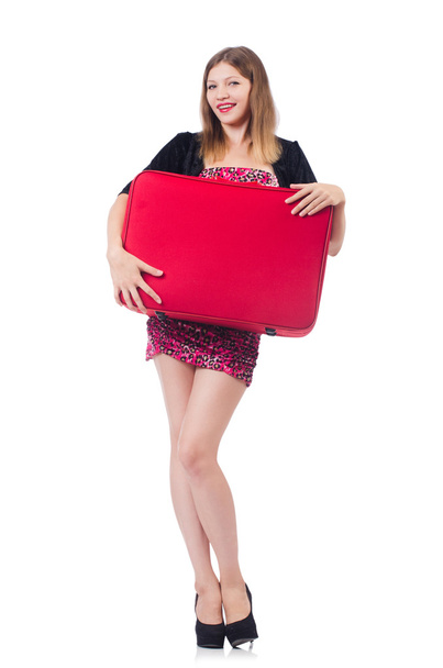 Woman preparing for vacation with suitcase on white - Photo, Image