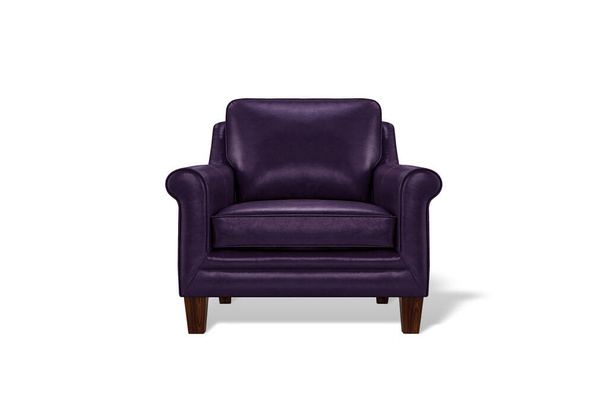 Темно-фіолетове розкішне шкіряне класичне крісло з дерев'яними ногами ізольовано на білому тлі. Серія меблів
 - Фото, зображення