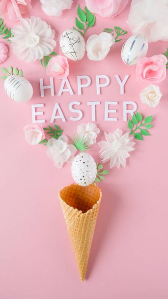 White easter eggs with silver decor on pink background. Happy Easter concept. Long format for web - Foto, Bild