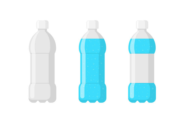 Набір пластикових пляшок порожній з блакитною водою та етикеткою. Газовані мінеральні напої з бульбашками в тарі плоскі ізольовані Векторні ілюстрації eps
 - Вектор, зображення