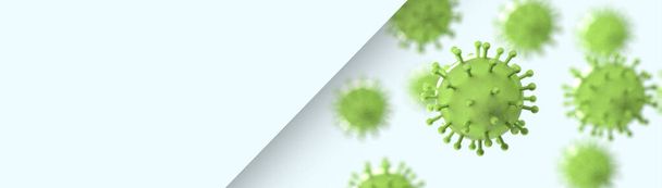 Coronavirus Covid-19 onder microscoop uitbraak en gevaar Cel op groene achtergrond - 3d Illustratie Art - Foto, afbeelding