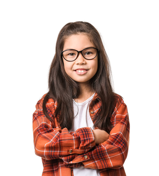 Funny little girl with glasses on white background - Foto, Imagem