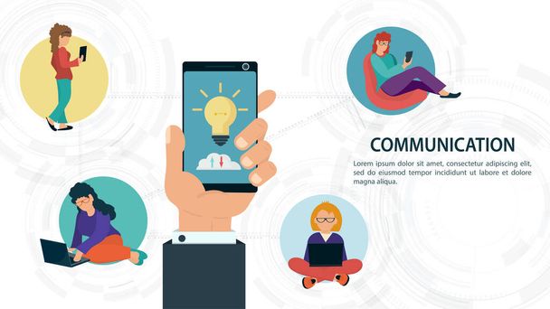 Hand holding the phone, in the chat Windows different people communicate with each other on the Internet, for a Website Or Mobile Applications, the concept of Artificial Intelligence, Flat Vector Illustration - Vector, Image