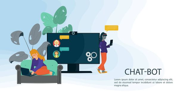 Kleine Leute, zwei Frauen, auf einem Sofa vor einem großen Bildschirm, in Farben, die online kommunizieren, für eine Website oder mobile Apps, Konzept der künstlichen Intelligenz, Flat Vector Illustration - Vektor, Bild