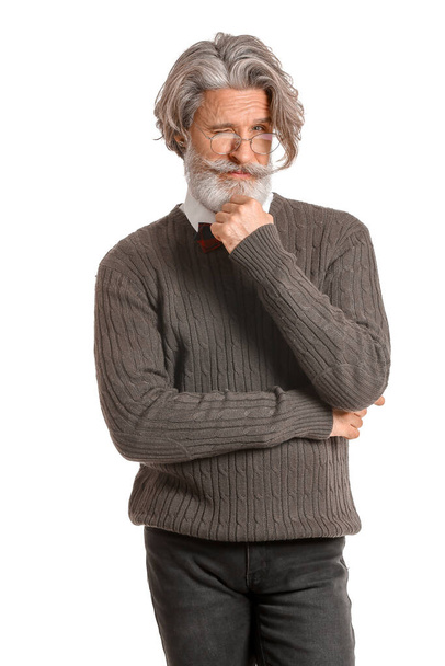 Stylish elderly man on white background - Фото, зображення
