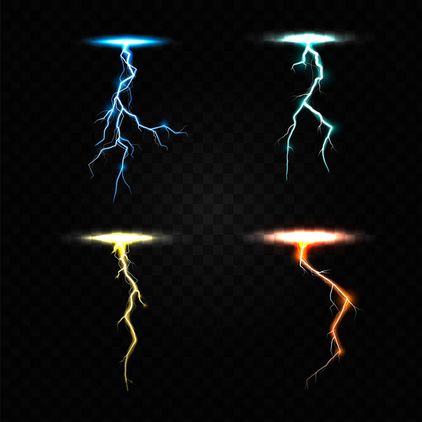 Colored lightning bolt vector set on transparent background. - Vector, Image