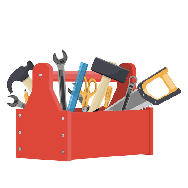 Caja de herramientas roja de dibujos animados con sierra, tijeras, martillos, destornillador, llave inglesa.... Ilustración vectorial
 - Vector, Imagen
